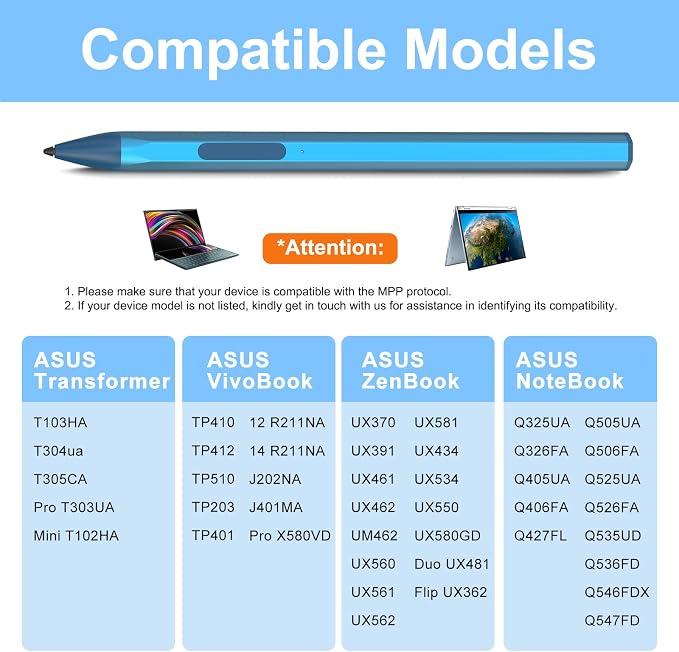 ASUS Stylus Pen for Transformer/Vivobook Flip/Notebook Touchscreen Laptop/Tablet - Rechargeable 4096 Pressure Sensitivity Microsoft MPP Protocol Black