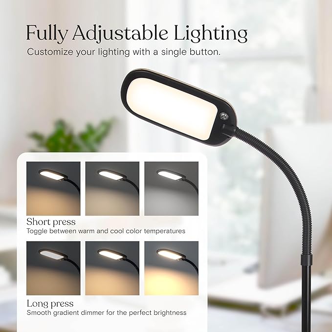 Brightech Litespan Slim LED Floor Lamp - Modern Reading Light Over Chair for Living Rooms & Offices, Tall With Adjustable Gooseneck, Crafts Work Light, Dimmable Standing for Bedroom - Wood
