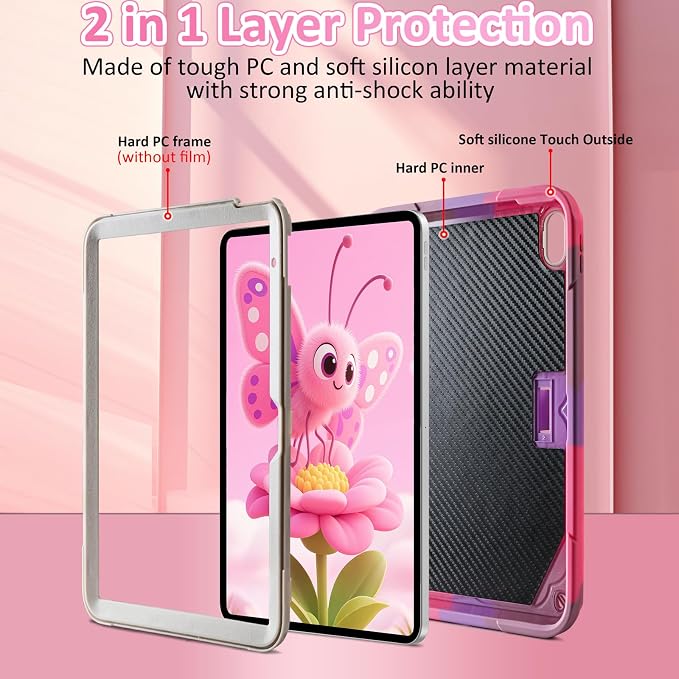 for iPad 10th Case 10.9 Inch for iPad A16 Case for Kids Girls Purple Pink | Built in Pencil Holder Stand Durable Rugged Heavy Duty Shockproof Protective Cover for iPad 10th Generation with Strap