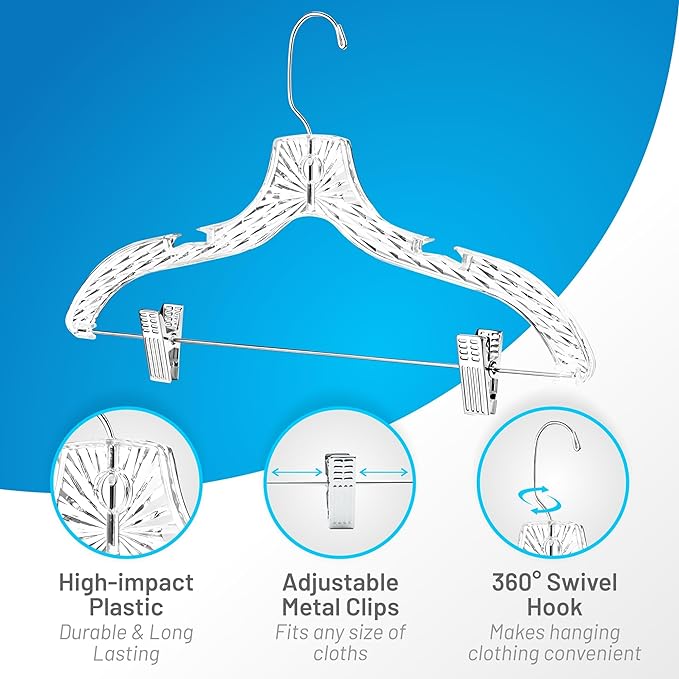 Clothes Hangers with Clips Plastic Set of 12 Pack Heavy Duty Hangers Dresses, T-Shirts Shirt Suit Hangers for Closet Organization Crystal Clear Hanger Pants Skirt Hanger Women and Men
