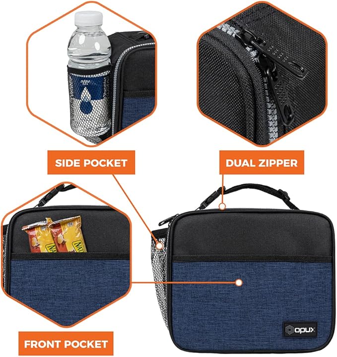 opux Insulated Lunch Bag Kids, Lunch Box for School Boy Girl, Leakproof Small Reusable Compact Soft Mini Cooler Bag, Toddler Small Lunch Boxes Kit Pail with Front Side Pockets (Navy)