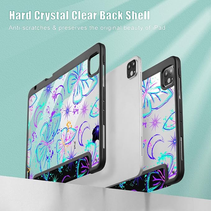 Mektron Case for iPad Pro 11 inch Case M2 2022 Generation 4th Fit 2021 2020 2018 iPad Pro 11 (3rd 2nd &amp 1st Gen) -Buit in Pencil Holder with Shockproof Cover Clear Shell Blue Bows &amp Flower