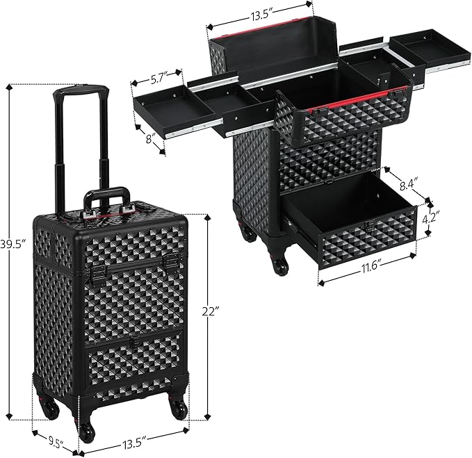 Yaheetech Rolling Makeup Train Case Aluminum Cosmetic Case with Wheels Barber Case Salon Lockable Travel Trolley with Sliding Drawers Removable Divider, Black/Red