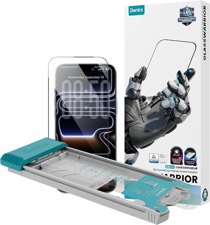 BENKS GlassWarrior for iPhone 17 Pro Max Screen Protector [TÜV Rheinland Anti-Reflection] [3D Curved Full Coverage] 9H+ Tempered Glass Military-Grade Shatterproof &amp Scratch Resistant Eye-Friendl