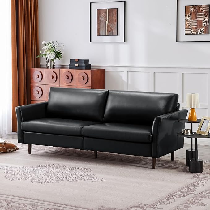 Kingfun Faux Leather 3 Seat Couch for Living Room, Mid Century Modern Sofa with Rolled Arms and Deep Seats, Fluffy Comfort for Apartment, Easy to Assemble, Black