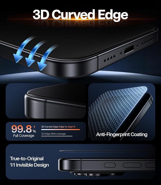 TORRAS OrigArmor for iPhone 16 Pro Max Screen Protector [3D Full Coverage Fit] [100% Anti Glare] Military-Grade Shatterproof 9H+ Tempered Glass Anti-Scratch Screen Protector 16 ProMax 6.9 1-Pack