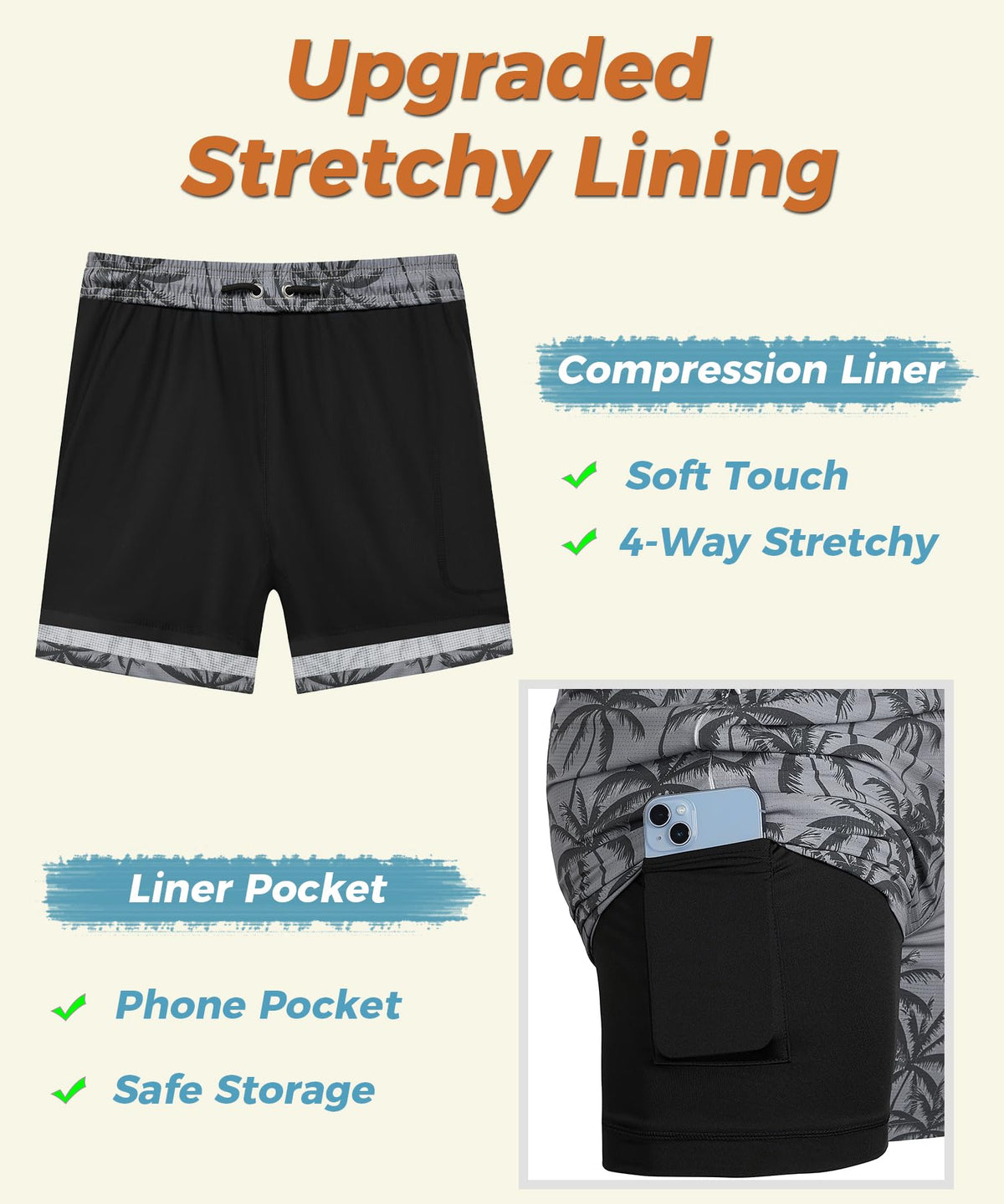 ELETOP Men's Swim Trunks with Compression Liner Bathing Suit Beach Board Shorts with Zipper Pockets Coconut Tree Gray L