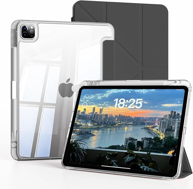 Clear Case for New iPad Pro 11 Inch Case M5/M4 2025/2024 (6th/5th Generation) Slim Shockproof TPU Cover with Pencil Holder Multi-Angle Stand &amp Auto Wake/Sleep (Black)