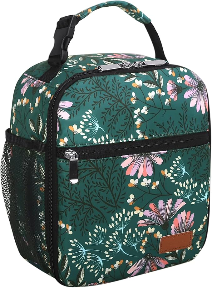 Femuar Lunch Box for Men Women Adults Small Lunch Bag for Office Work Picnic - Reusable Portable Lunchbox, Malachite Green Flower