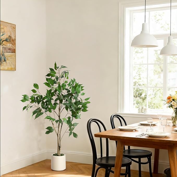 4FT Ficus Trees Artificial Indoor, Faux Silk Plant with Natural Wood Trunk and Lifelike Fruits, White Imitation Ceramic Planter with Green Fake Moss for Modern Home Office Living Room Decor