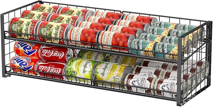2-Tier Stackable Can Organizer for Pantry, Adjustable Extra-Long Can Rack for Pantry Shelf Organizer and Storage, Sturdy Standing Can Holder for Canned Soup Food Goods Storage up to 64 Cans, Black