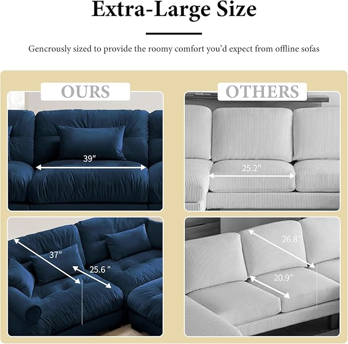 166" Oversized L Shaped Sectional Sofa, 4 Seater Modular Velvet Cloud Couch with Ottoman, Blue Large Fluffy Couch Set for Living Room