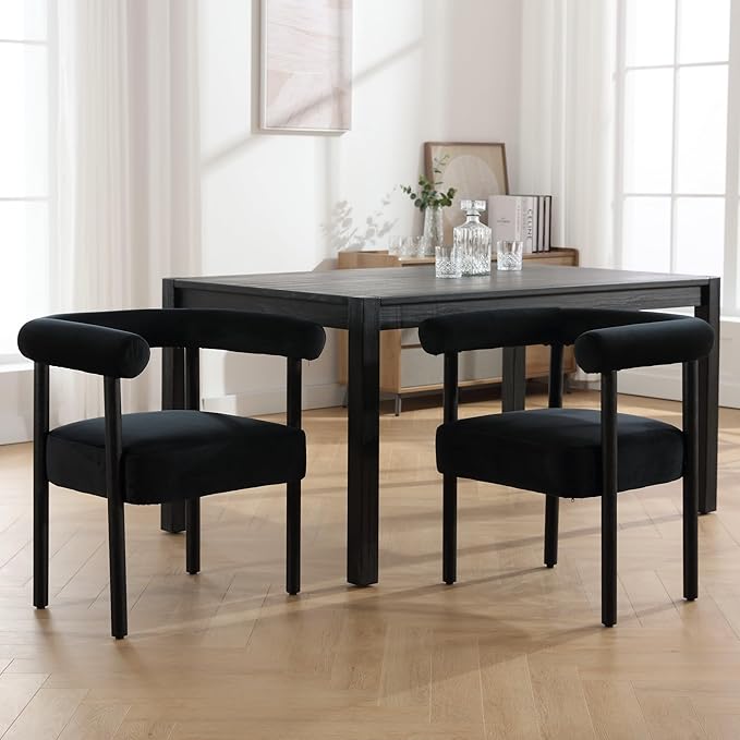 Mid-Century Modern Dining Chairs Set of 4, Armrest Barrel Dining Chairs Side Chairs with Curved Back, Upholstered Wood Armchairs for Kitchen, Velvet Black