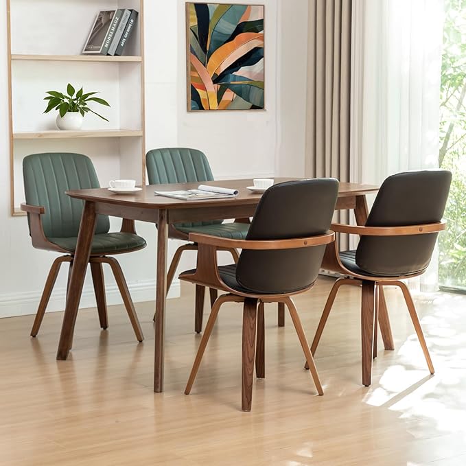 Swivel Dining Chairs, Set of 4 Kitchen Swivel Chairs with Walnut Craftsmanship, Upholstered Faux Leather, Wooden Arms and Legs, Walnut Dining Chairs for Kitchen/Living Room - Black