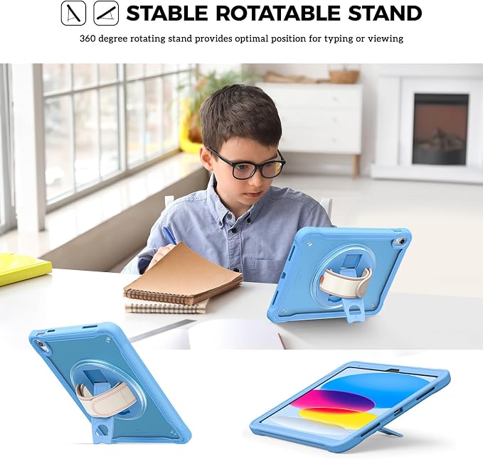 ProCase Rugged Case for iPad A16 11th Gen 2025/iPad 10th Gen 2022 -Black | Heavy Duty Shockproof Rugged Kids Cover with Hand Strap 360 Degree Rotatable Kickstand Protective for iPad 11/10