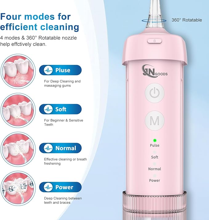 JNGOODS Mini Portable Water Flosser Oral Irrigator Water Teeth Cleaner Pick, Telescopic Water Tank, 4 Modes & IPX7 Waterproof, Home & Travel Water Flossers for Teeth, Braces Bridges Care. (Pink)