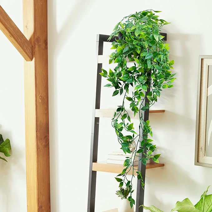LOYWREE 3 Pack Small Artificial Hanging Mandala Plant with Pot Faux Plants Indoor Fake Small Potted Plant 28.7-In Long Faux Vine Shelf Decor Ideal for Indoor Outdoor Home Office Decoration (Black Pot)