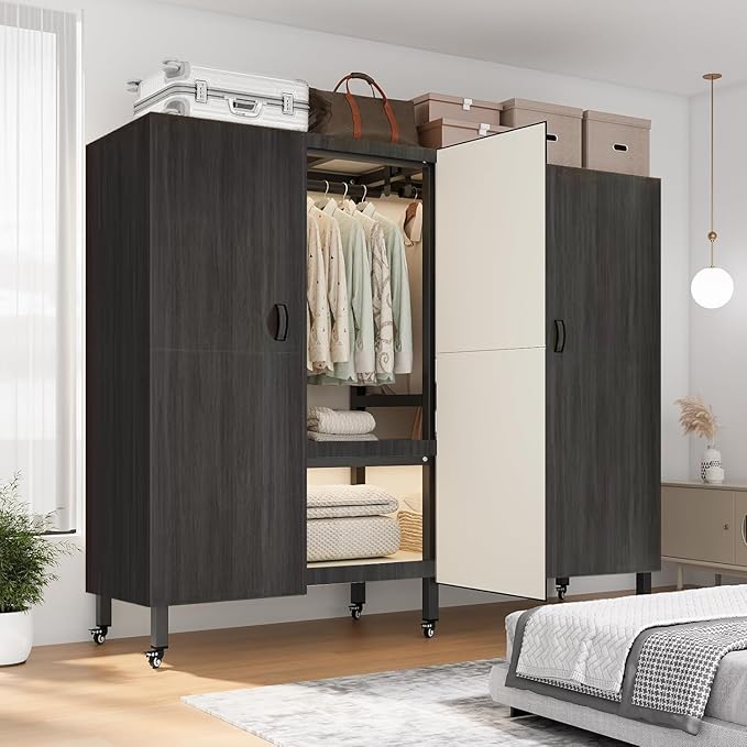 Heavy Duty Covered Clothes Rack with Magnetic Door Foldable Portable Wardrobe Closet for Hanging Clothing Rolling Black Metal Garment Rack on Wheels Closet System (Black, 70.89in)
