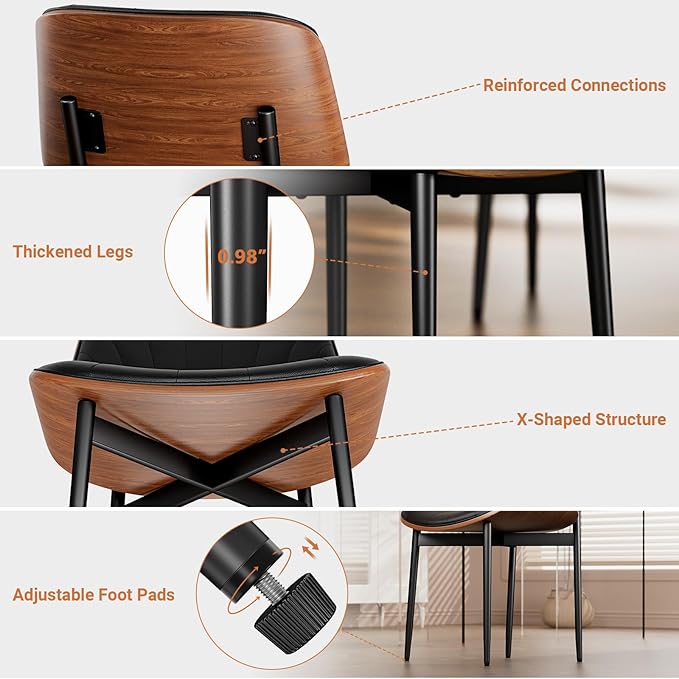 Dining Chairs Set of 4, Dining Room and Kitchen Chairs, FSC Certified Mid Century Modern Accent Chair, Upholstered PU Leather Chairs for Vanity with Walnut Bentwood and Metal Legs, Black