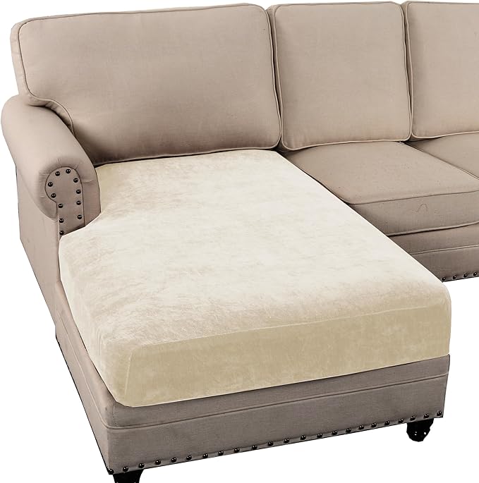 H.VERSAILTEX Stretch Sofa Cushion Covers Chenille Chaise Cushion Cover Thick Soft Sectional Couch Covers for L Shaped Sofa Both Left/Right All Seasons Universal(Chaise Cushion Cover,Beige)