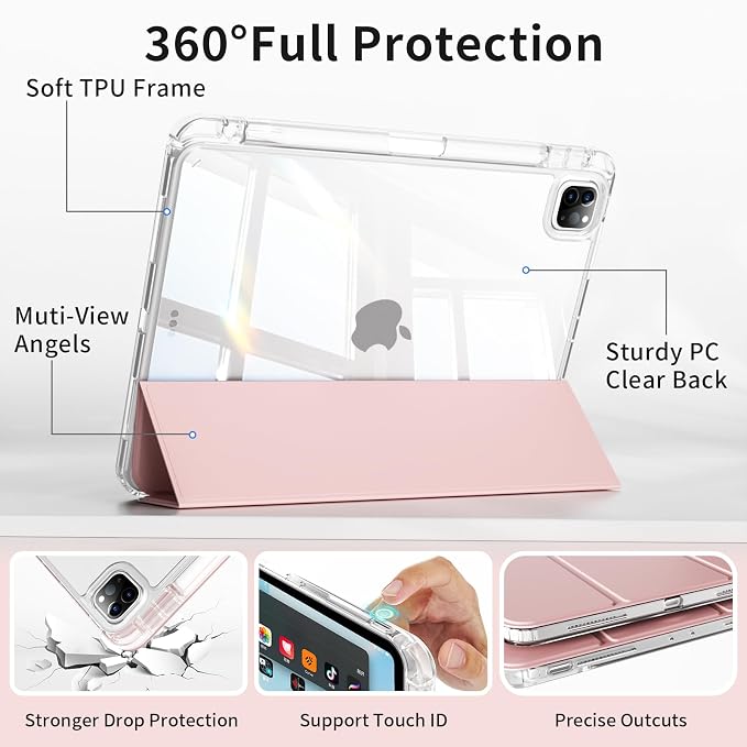 Clear Case for New iPad Pro 11 Inch Case M5/M4 2025/2024 (6th/5th Generation) Slim Shockproof TPU Cover with Pencil Holder Multi-Angle Stand &amp Auto Wake/Sleep (Black)