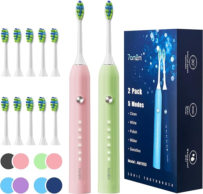 7AM2M Rechargeable Sonic Electric Toothbrush 2 Pack, Soft Toothbrushes for Adults and Kids with 12 Brush Heads, IPX7 One Charge Use for 90 Days, 5 Modes with 2 Minutes Build in Smart Timer