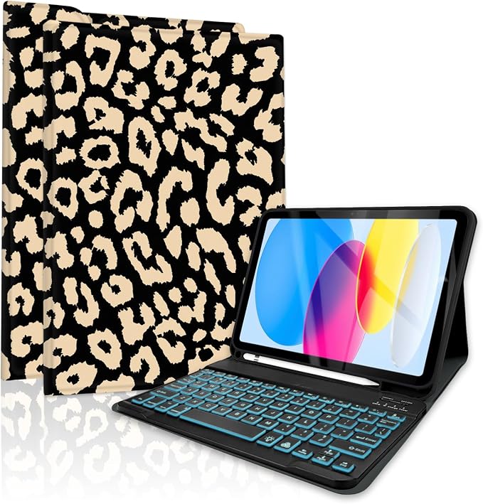 for Bluetooth Keyboard for iPad 10th Gen 10.9 inch (2022) case (A16) 11th / 10th Gen Case 11'' (2025) with 7-Color Backlights Pencil Holder Detachable Rechargeable - Black Cow