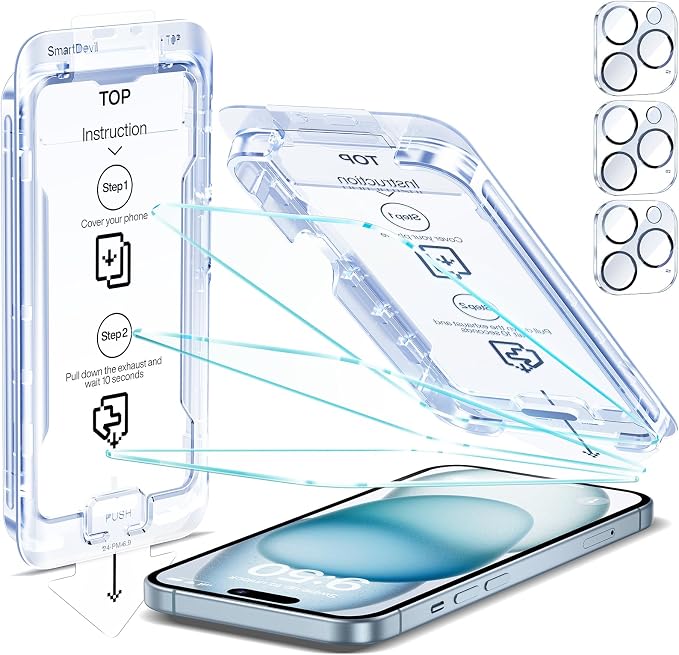 SMARTDEVIL (3+3 Pack HD Clear Screen Protector for iPhone 14 Pro Max with 3 Camera Lens Protectors 9H Tempered Glass Shatter-Resistant SmartPull Dust &amp Bubble-Free Install Frame Case-Friendly