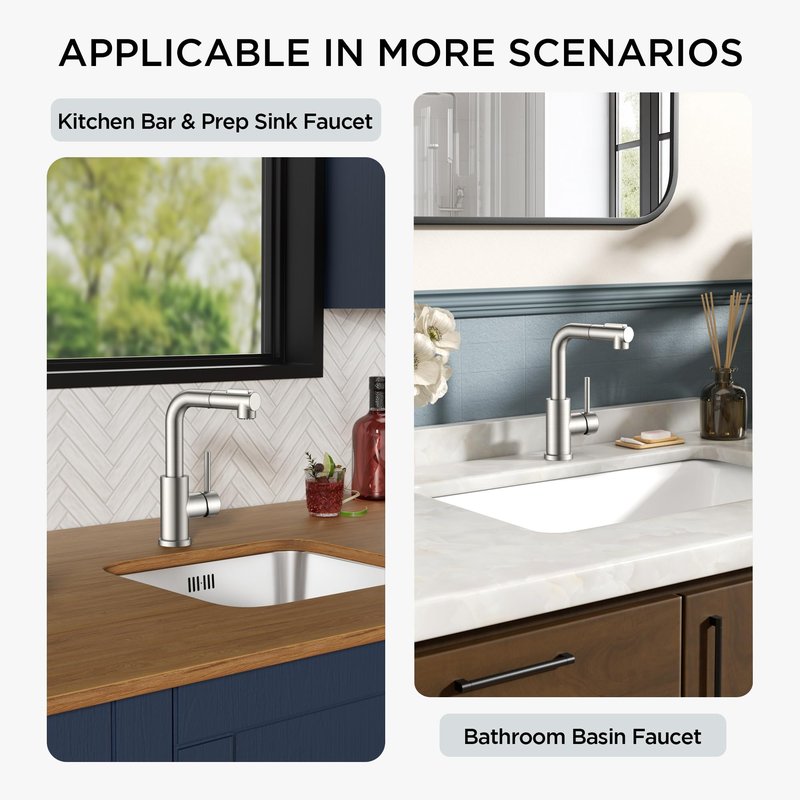 FORIOUS Modern Bar Sink Faucet Brushed Nickel, Stainless Steel Single Handle Small Kitchen Sink Faucet with Pull Out Sprayer, 360° Swivel Spout L-Shaped Design Suitable for Camper Outdoor Bathroom RV