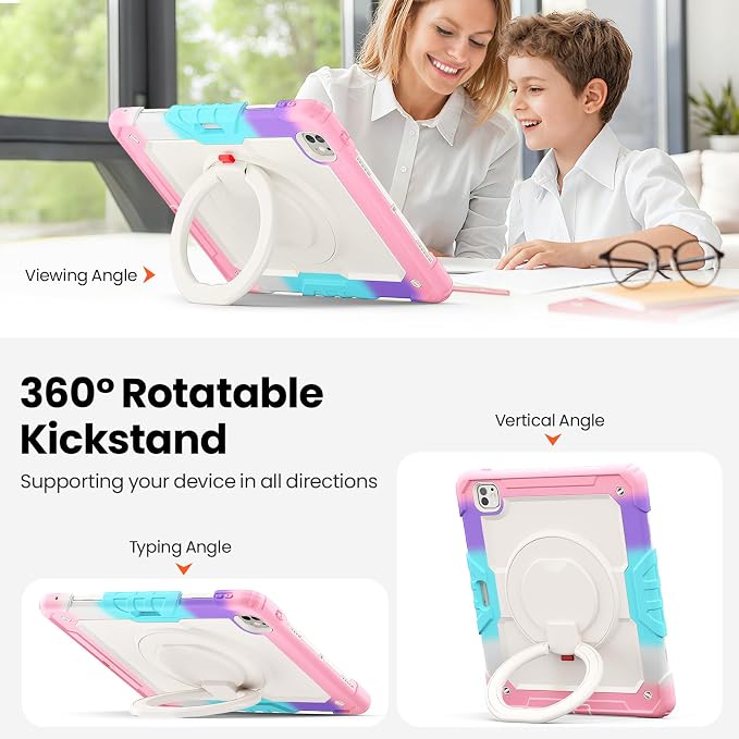 for iPad Pro 11 inch Protective Case M5 2025/M4 2024: Heavy Duty Shockproof Case with Pencil Holder - 360°Rotating Handle/Stand - Screen Protector - Shoulder Strap Black/Sky Blue