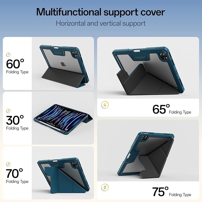 Case for iPad Pro 11 inch (4th/3rd/2nd Generation) 2022/2021/2020 | Y-Stand Shockproof Protective Cover with Pencil Holder Multi-Angle Stand Clear Hard Back (Black)