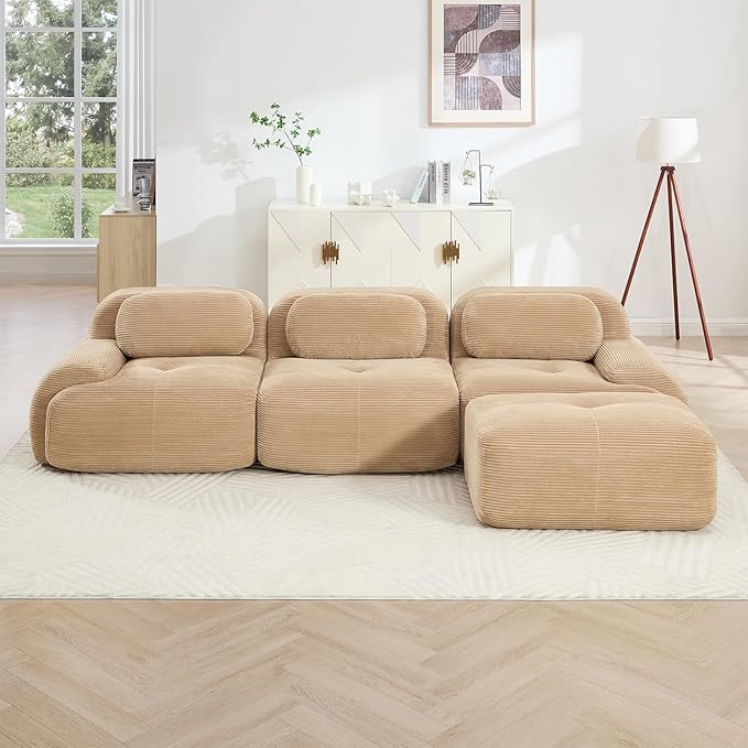 116" Modern Compressed Boneless Couch with Ottoman, 3 Seater Large L Shaped Sectional Couches for Living Room, Camel Corduroy Cloud Modular Sectional Sofa, Memory Foam, Extra Deep, No Assembly