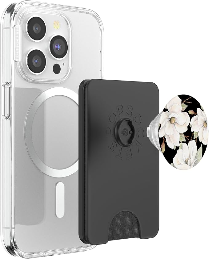 White Magnolias Floral Pattern on a Black Background PopSockets Adhesive PopGrip
