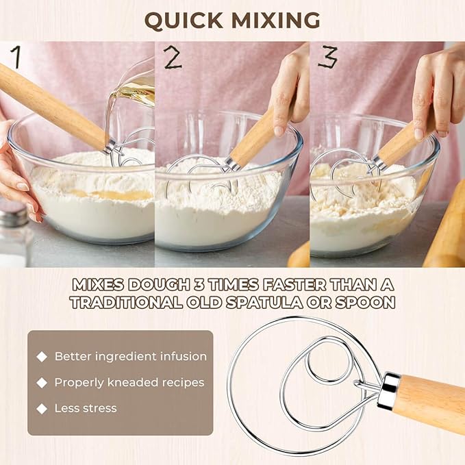 FUANRTK Danish Dough Whisk Bread Mixer 2 Pack | Premium Stainless Steel Dutch Whisk With a Dough Scraper for Bread, Pastry or Pizza Dough - Perfect Baking