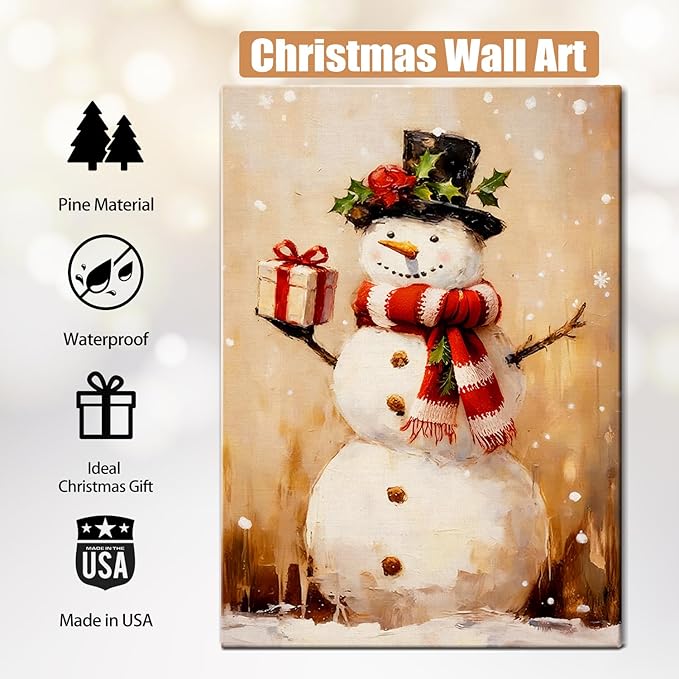 Rustic Snowman with Gift Box Christmas Canvas Wall Art - Humorous Winter Scene Framed Print for Bathroom & Bedroom Decor, Cozy Farmhouse Christmas Wall Art, Unique Christmas Gift & Festive Decoration