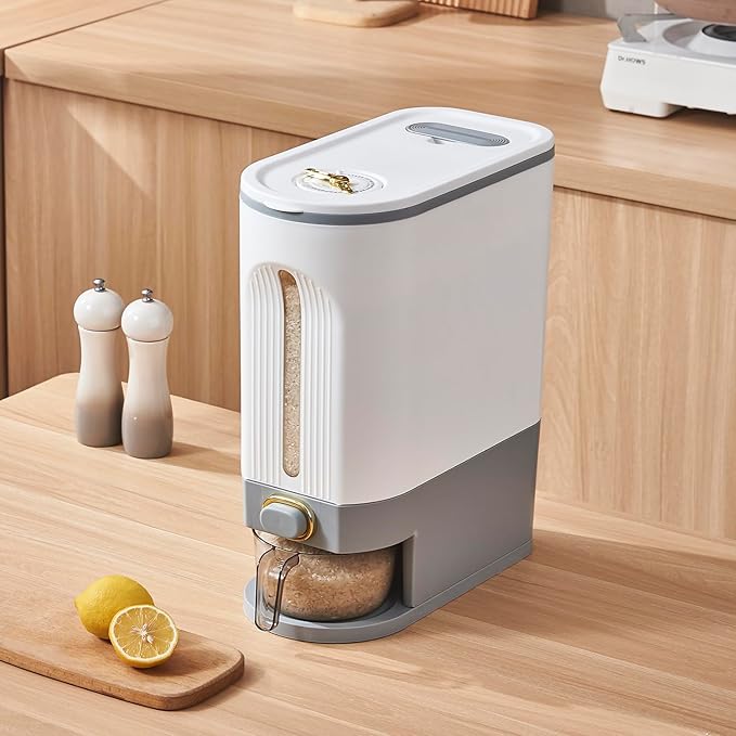 Sooyee 22 Lbs Rice Dispenser, Large Grain Container Storage with Lid Measuring Cylinder Moisture Proof Household Cereal Dispenser Bucket for Kitchen Soybean Corn,White and Grey
