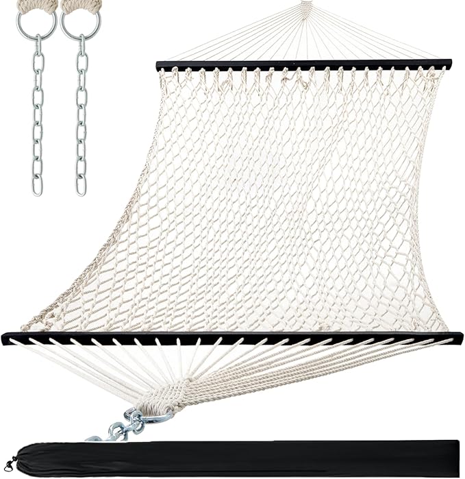 PNAEUT Double Hammocks for Outside, 13ft Traditional Rope Hammock for 2 Person with Hardwood Spreader Bar and Carrying Bag, 475 lbs Capacity (Beige)