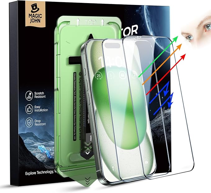 MAGIC JOHN 2 Pack for iPhone 15 Pro Screen Protector Eye Protection | HD Clear Auto Dust-Elimination 9H Tempered Glass &amp Scratch Resistance Full Edge Coverage