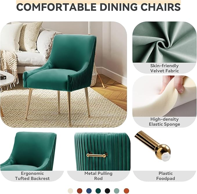 Dining Chairs, Accent Chairs Set of 6, Modern Upholstered Kitchen Dining Room Chairs with Gold Legs, Fabric Tufted Velvet Living Room Chairs for Reception Room Bedroom Guest Room (Deep Green)