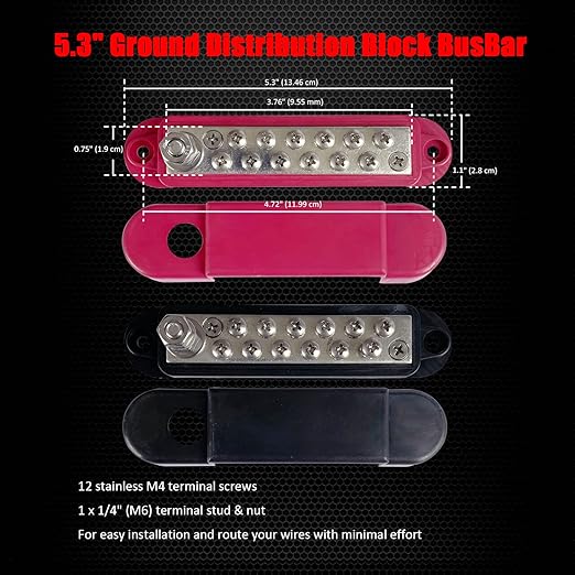 1/4" Stud Power Distribution Block Bus Bar with 12 x #8 Screws, Ampper 5.3" 12V 150A Marine BusBar Battery Distribution Block Kit W/Cover for Car Boat Solar (Red & Black)