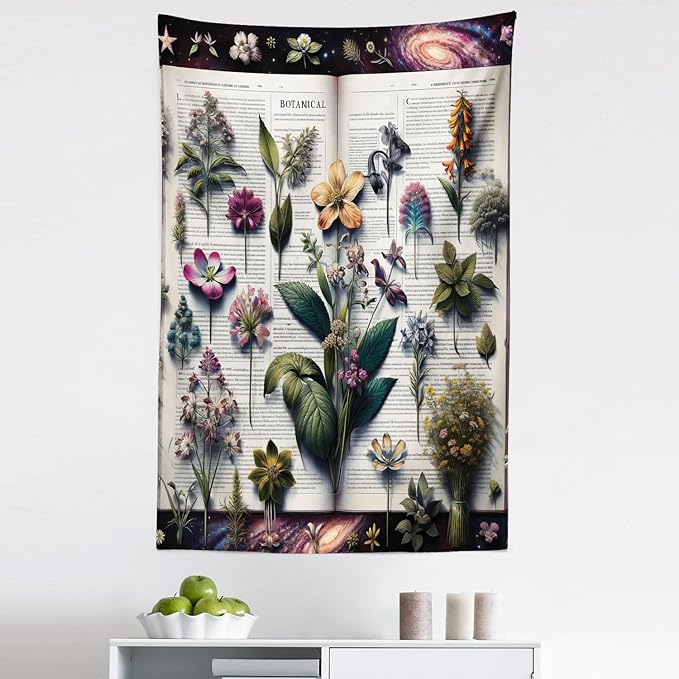 Ambesonne Botanic Tapestry, Wildflowers on an Open Vintage Book with Galactic Milky Way Swirls, Fabric Wall Hanging Decor for Bedroom Living Room Dorm, 30" X 45", Forest Green and Multicolor