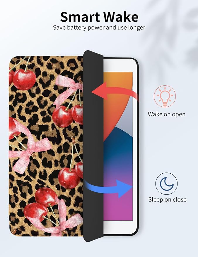 Case for iPad 9th/ 8th/ 7th Generation Case 10.2&amp10.5 Inch (2021/2020/2019 Release) Slim Lightweight Soft Trifold Back Cover with Pencil Holder &amp Auto Sleep/Wake Cover Cherries Cheetah Bows