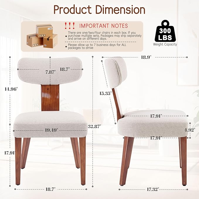 Dining Chairs Set of 2, Mid-Century Modern Upholstered Kitchen Chairs with Curved Backrest and Linen Fabric Seat, Wood Leg Accent Chairs for Dining Room, Living Room, Bedroom, Linen Beige