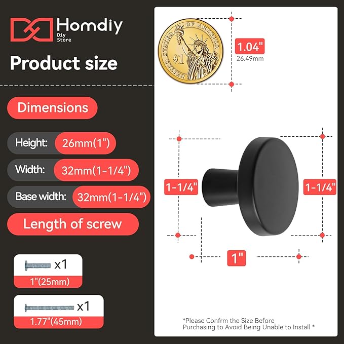 homdiy 25 Pack Black Cabinet Knobs Round Matte Kitchen Handles Zinc Alloy Metal Hardware for Dresser Drawer Desk Cupboard