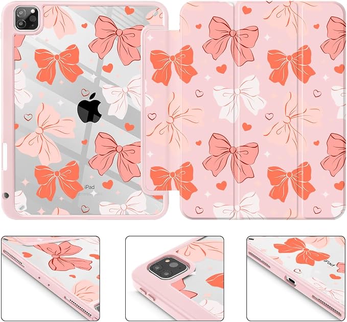 Case for iPad 12.9 Inch (6th/5th/4th/3rd Generation 2022/2021/2020/2018) Pencel Holder + Trifold Support Auto Sleep/Wake Transparent Shockproof Back Cover Abstract Floral SD163