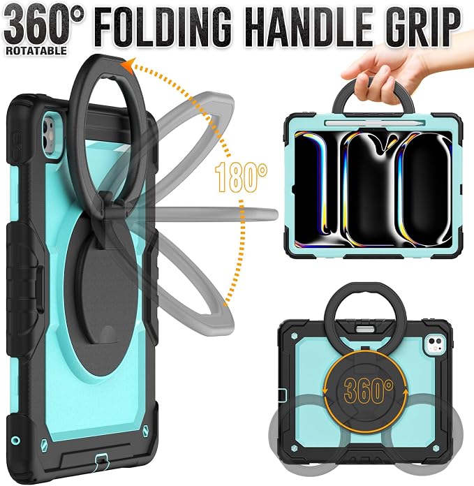for iPad Pro 11 inch Protective Case M5 2025/M4 2024: Heavy Duty Shockproof Case with Pencil Holder - 360°Rotating Handle/Stand - Screen Protector - Shoulder Strap Black/Sky Blue