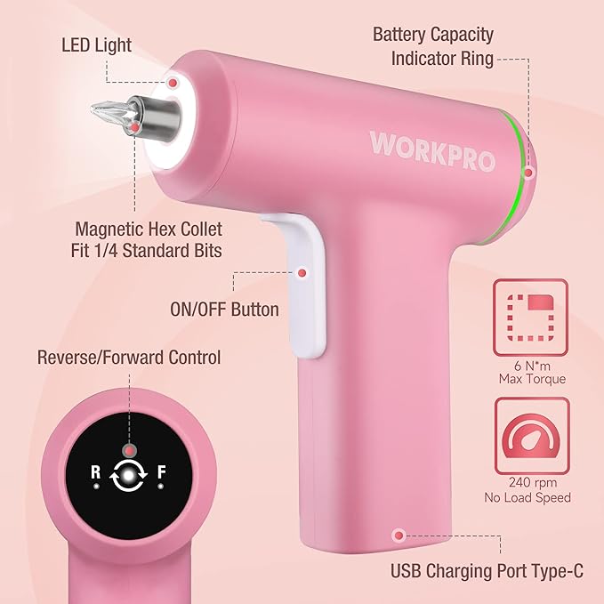 WORKPRO Electric Cordless Screwdriver Set, 4V USB Rechargeable Lithium-ion Battery Power Screwdriver Kit with LED Light, Screw Gun with 28pcs Accessories for Home, Office, Apartment Repair - Pink