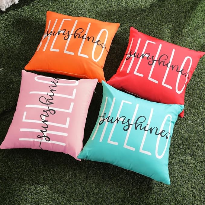 DFXSZ Outdoor Pillow Covers 20x20 Inch Set of 2 Hello Sunshine Decor Pink Waterproof Throw Pillow Covers Summer Outdoor Waterproof Pillow Covers Decor for Patio Funiture Garden Sofa Couch 020F20