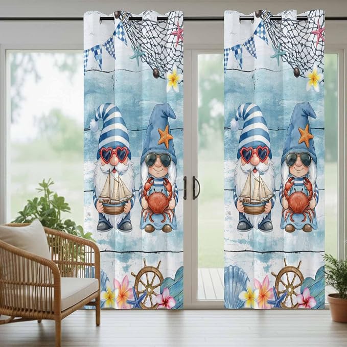 Ocean Gnome Outdoor Curtains for Patio Summer Marine Plumeria Shell Wood Blue