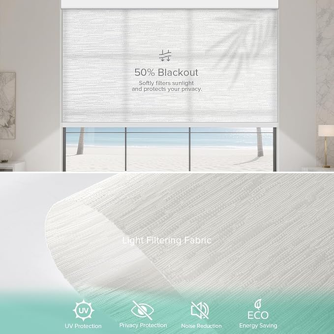 Kilonity Motorized Roller Shades, Light Filtering Remote Control Custom Window Shades Compatible with Alexa Google Assistant via RF Hub, Rechargeable Electric Blinds for Windows (Texture White)